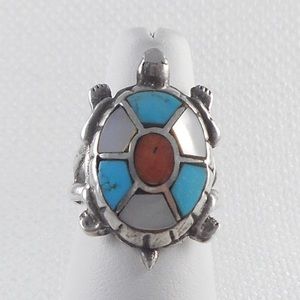 Vintage Sterling Silver Zuni Turtle Ring with Inlay
Stones size 6